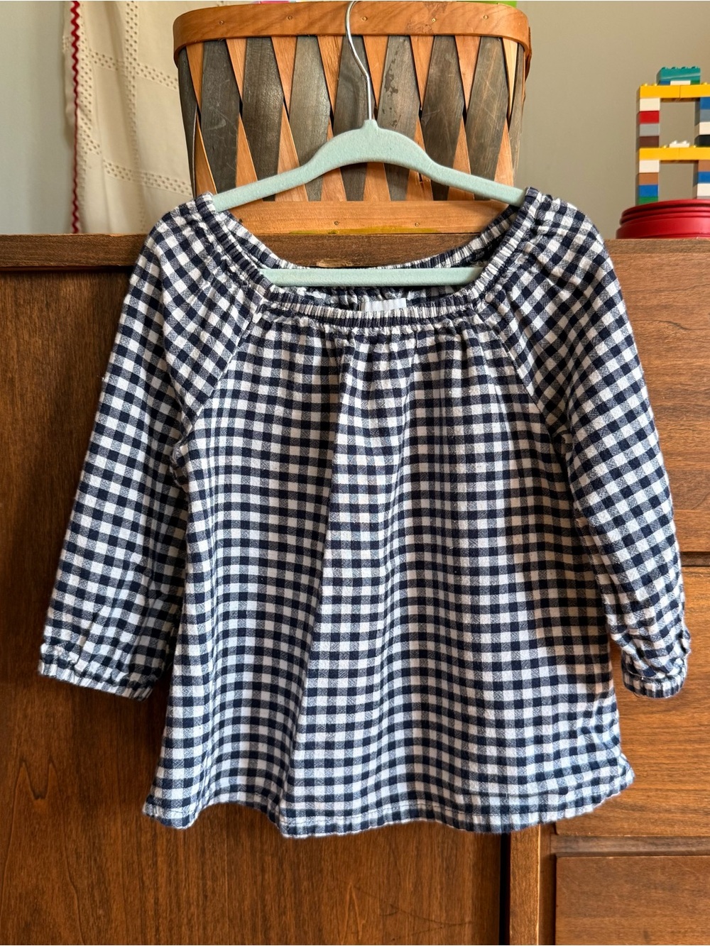 Old Navy Navy and White Gingham Long Sleeve Peasant Top